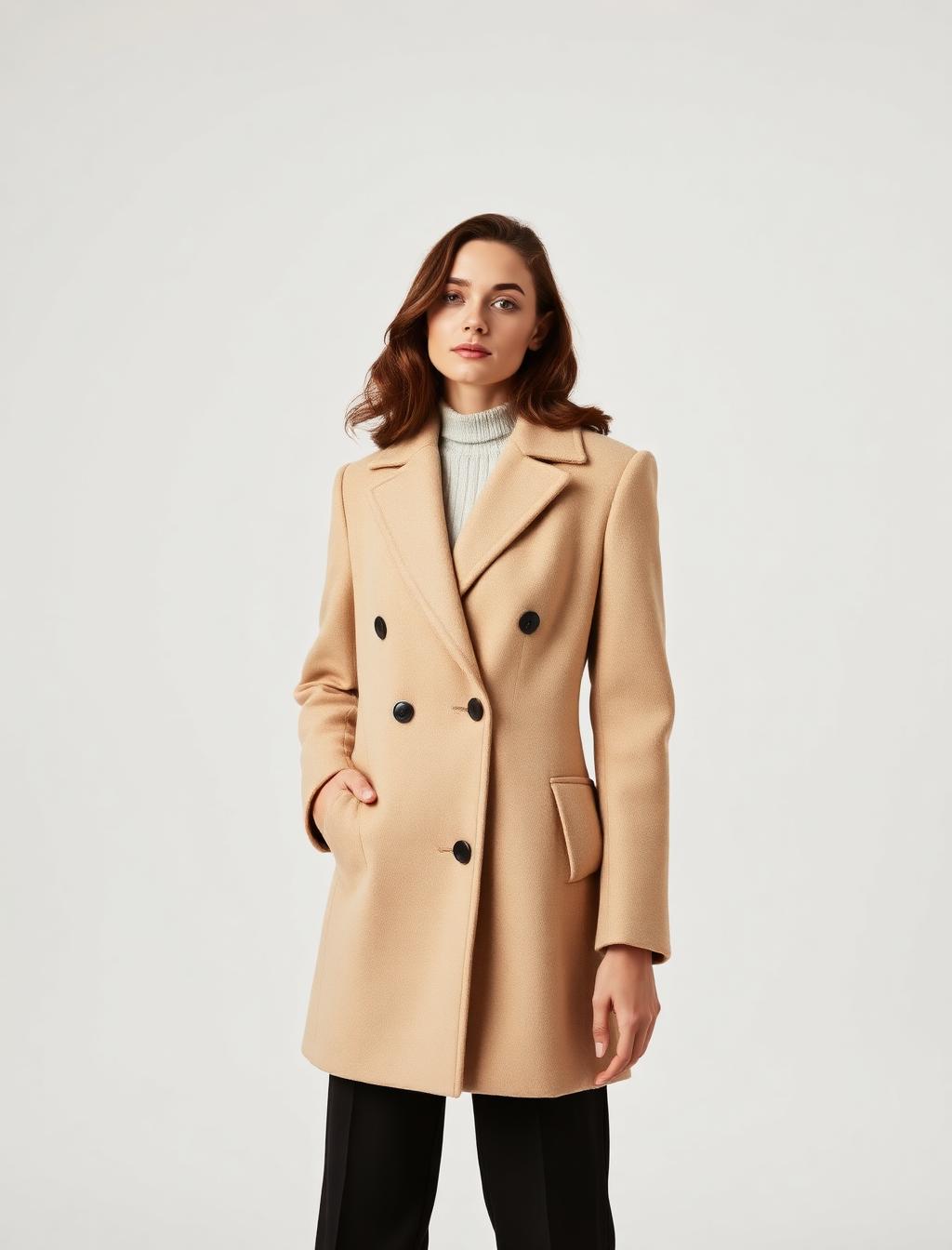 Model in tailored beige wollen jas