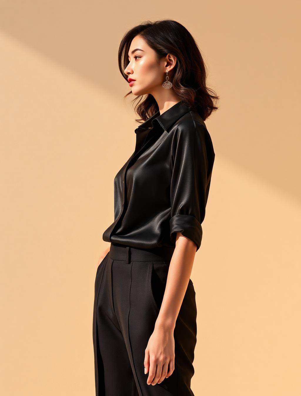 Model in zijden blouse en pantalon