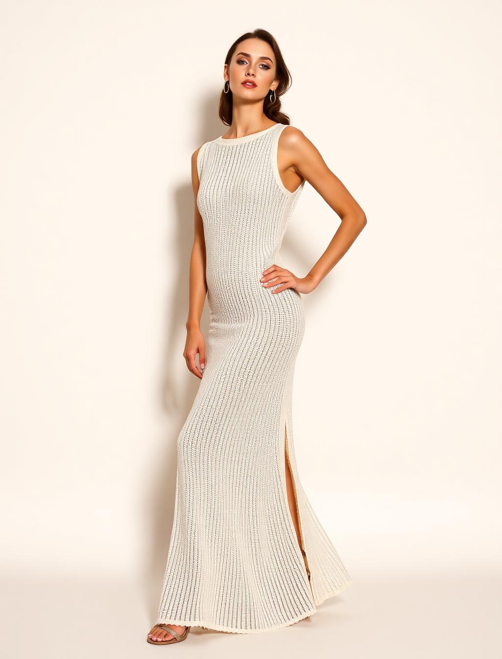 Model in cream gebreide jurk