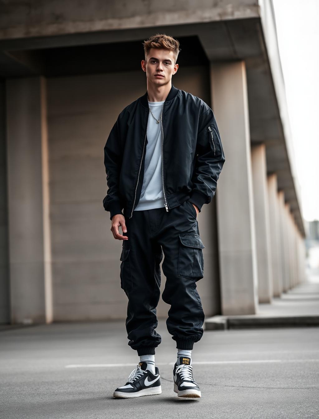 Mannelijk model in urban streetwear met bomber jack en cargo broek
