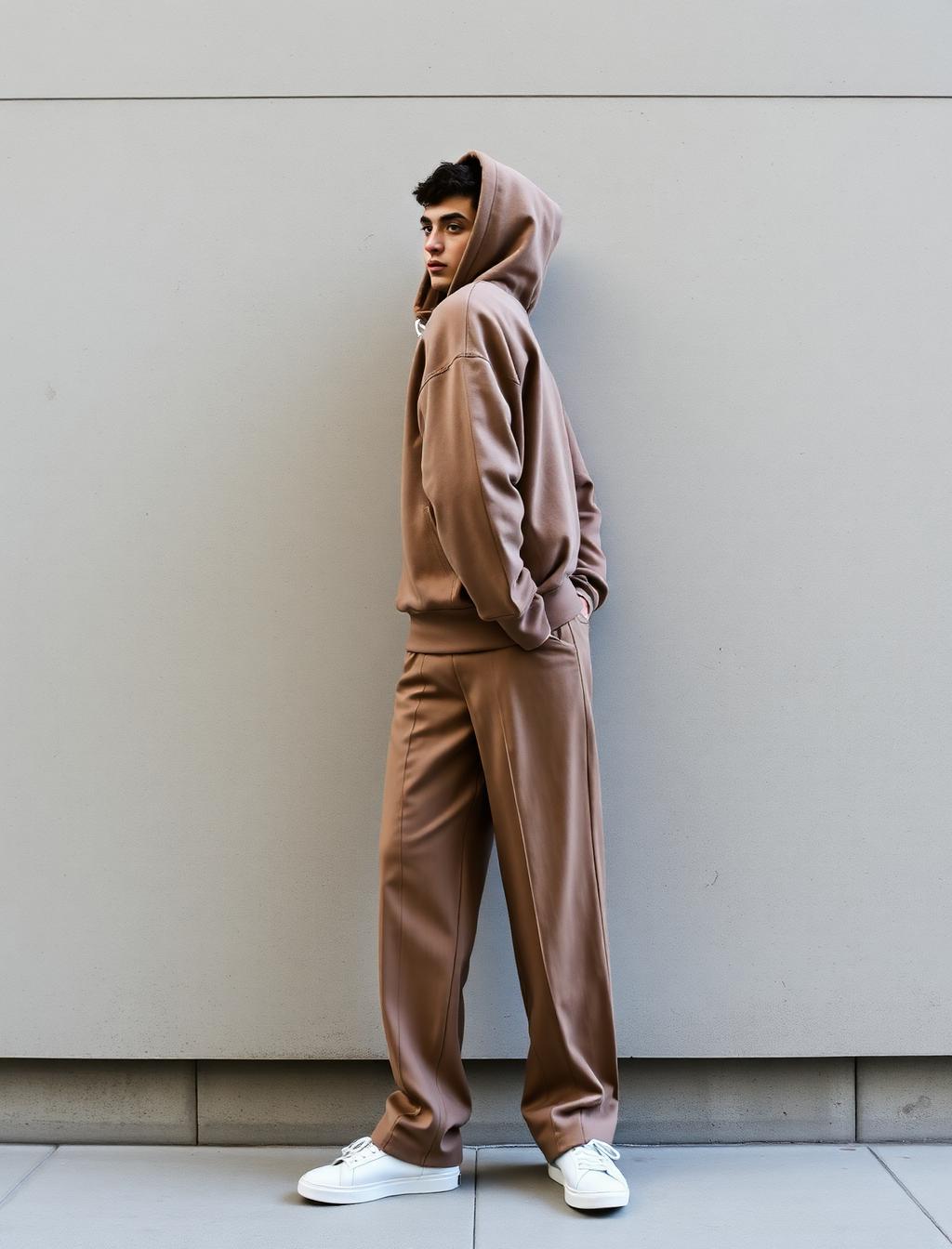 Mannelijk model in oversized hoodie en wide-leg broek