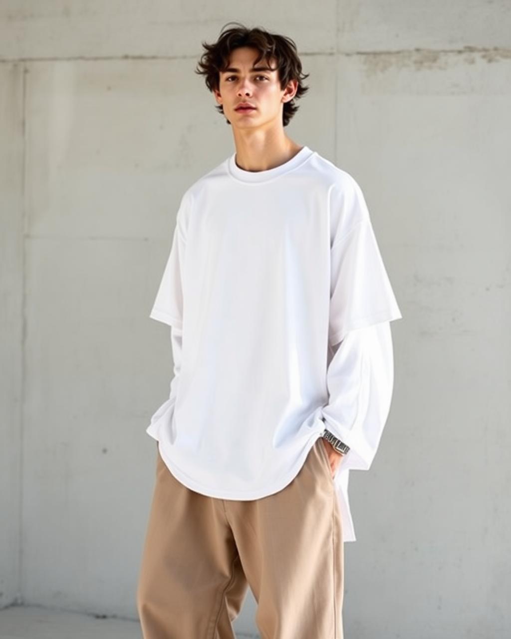 Mannelijk model in oversized wit t-shirt met wide-leg broek