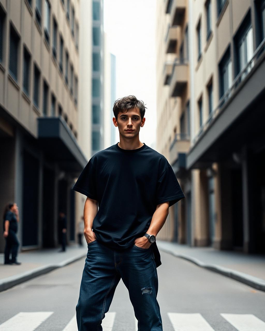 Mannelijk model in oversized zwart t-shirt met baggy jeans