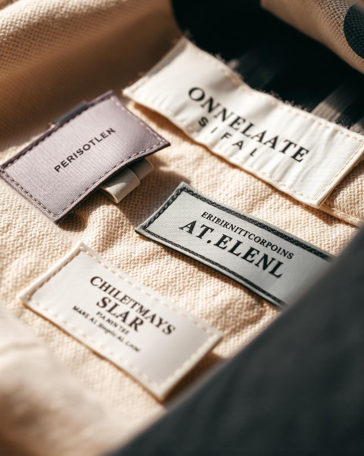 Detailshot van geweven en geprinte kledinglabels op linnen stof